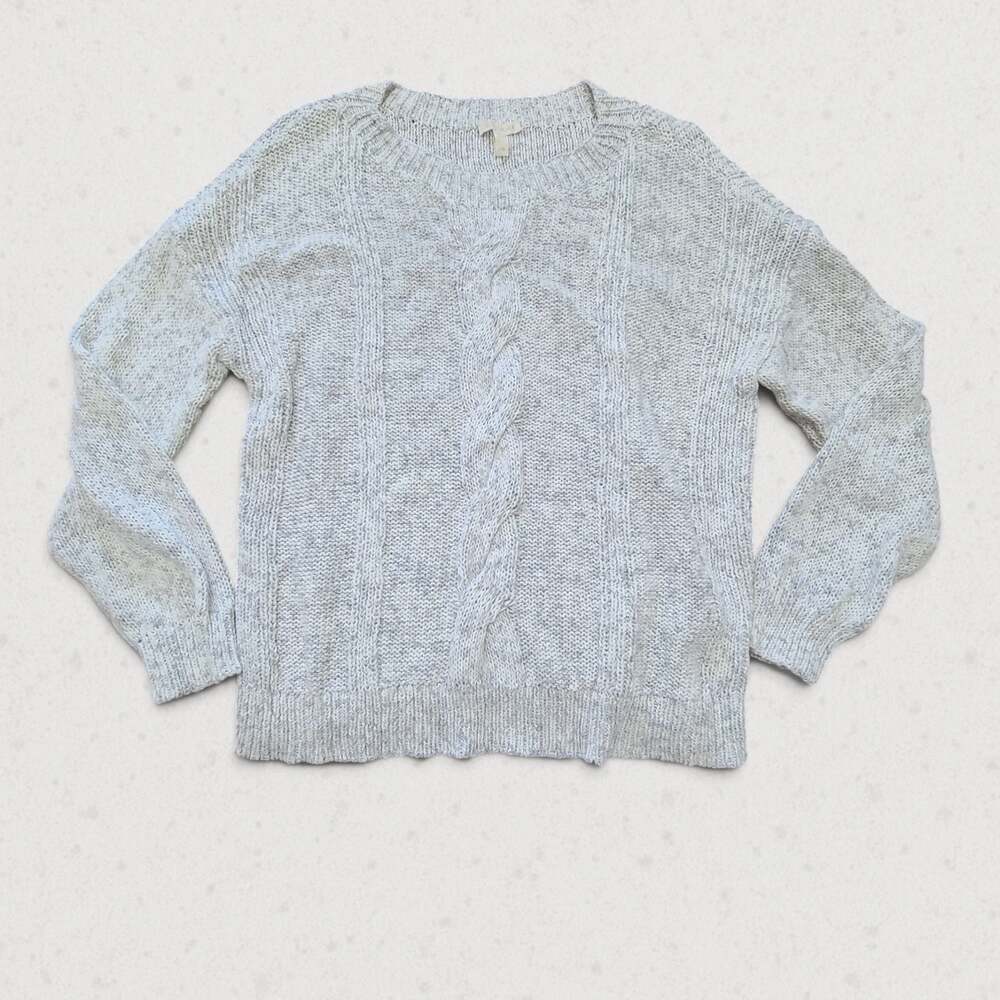Eileen Fisher Womens Large Gray White Marled Chunky Knit Crewneck Sweater R5OSO